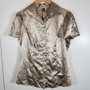 Heart Soul Silky Satin Button Up 90s Style Short Sleeve Blouse Size M